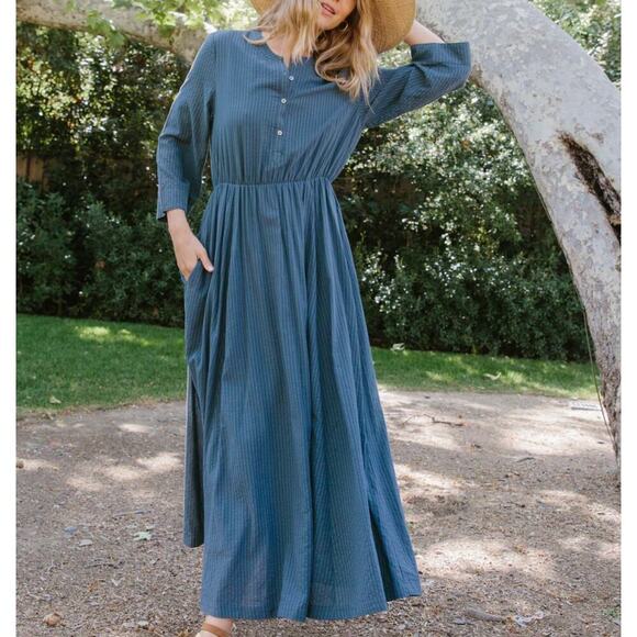 Jenni Kayne Dresses & Skirts - Jenni Kayne Seersucker Shirt Dress Ink Blue Striped Button 3/4 Sleeve SMALL